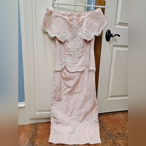 Off-the-Shoulder Formal Dress with Vintage Flair, Light Pink